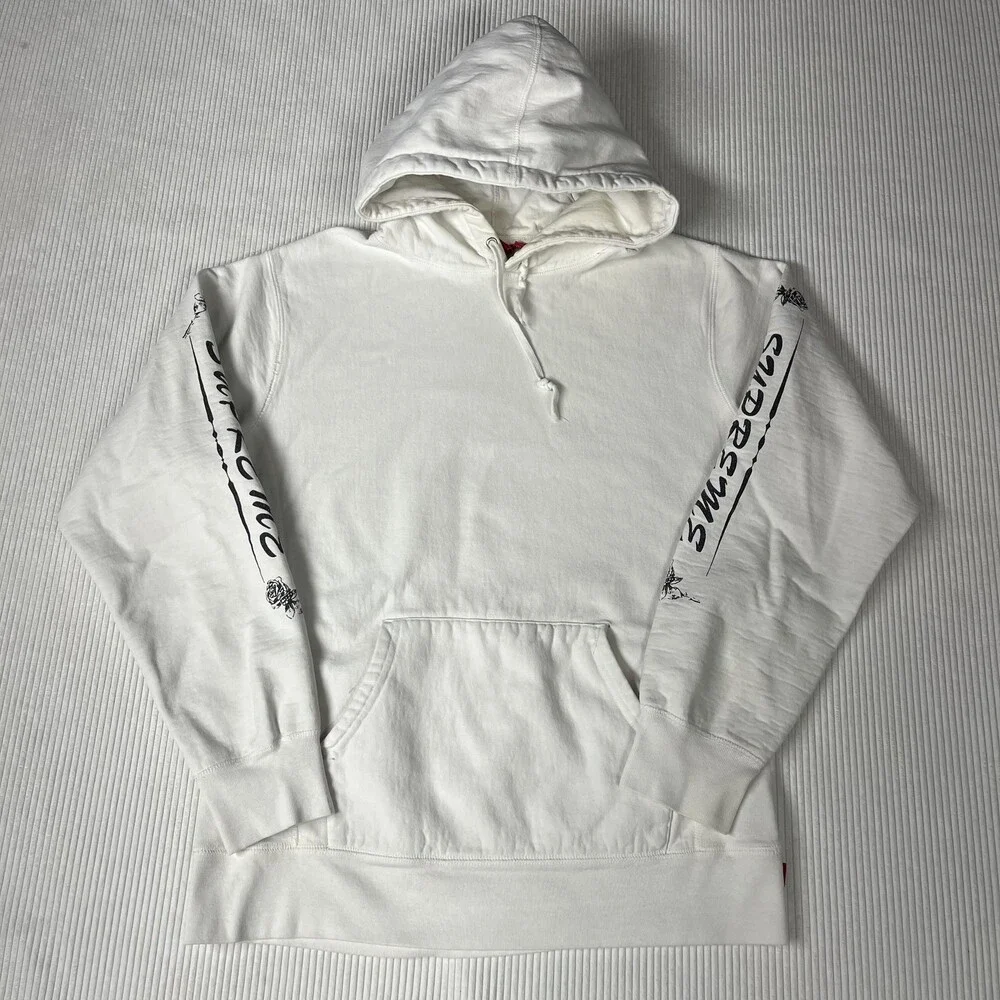 Supreme Hoodie Mens Large White Pullover Fleece Rose Sleeve Graphic Logo